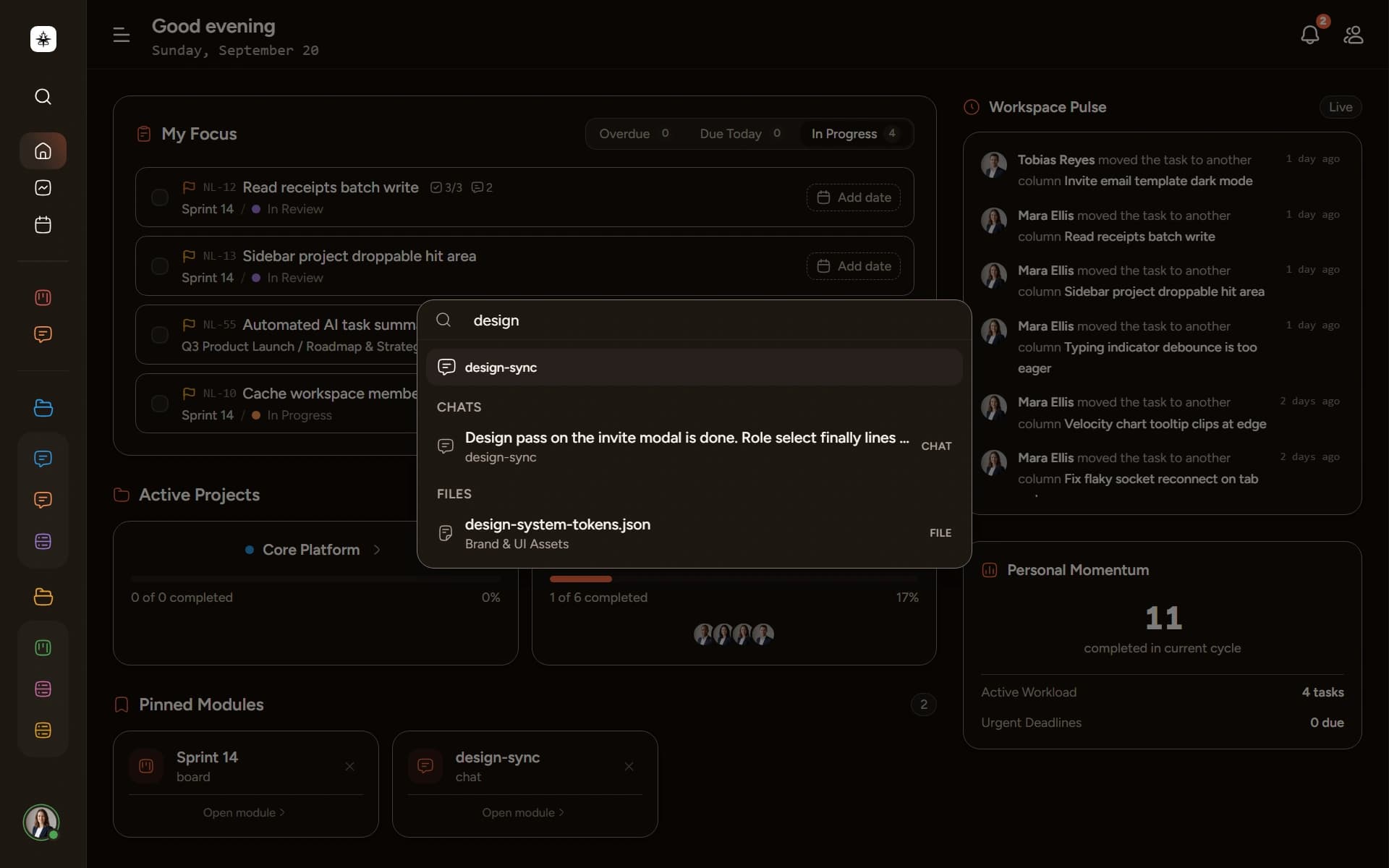 Screenshot of the crwsync Cmd+K omni-search modal open, showing search results across tasks and messages