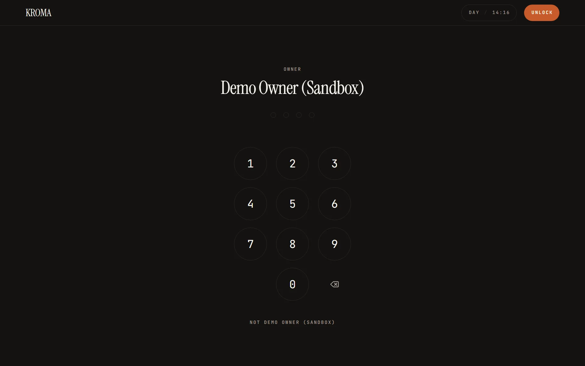 Screenshot of the KROMA staff PIN pad on the dark kitchen display surface