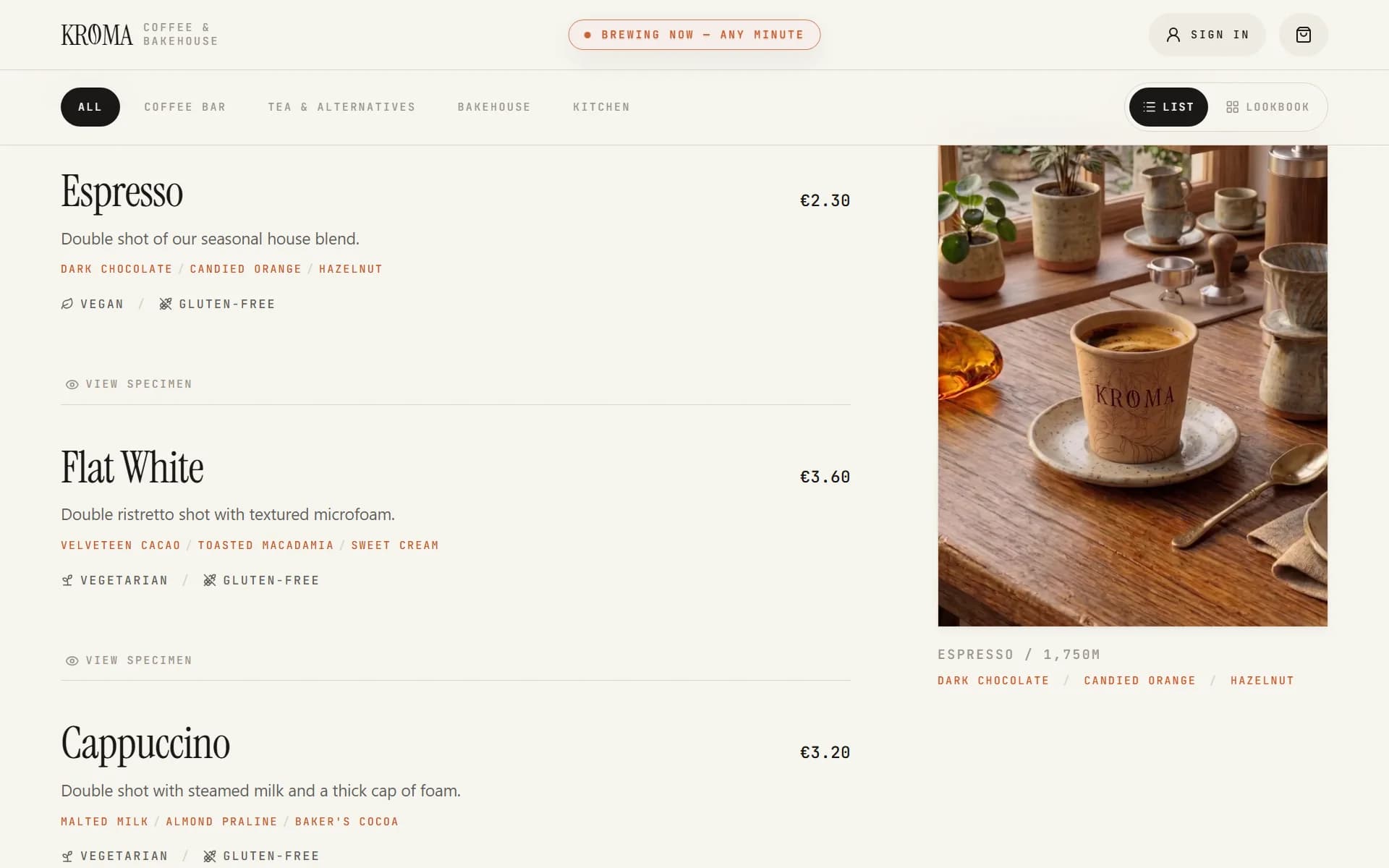 Screenshot of the KROMA storefront showing the editorial menu list with its sticky preview panel